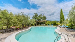 Une piscine à bordures courbes, entourée d’une végétation luxuriante et sous un ciel dégagé.