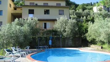 Seasonal outdoor pool, pool umbrellas, pool loungers