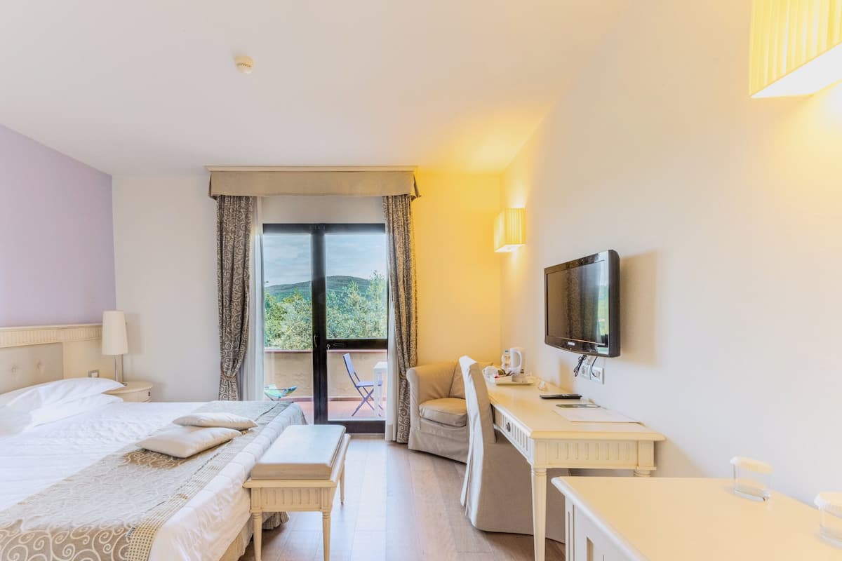 Une chambre d’hôtel équipée d’un lit, d’un bureau, d’une chaise, d’une télévision et d’un balcon avec vue.