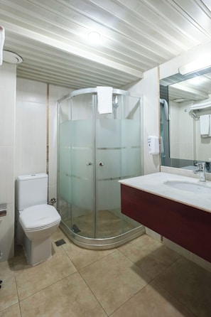 A bathroom with a glass-enclosed shower, a white toilet, and a vanity with a mirror. - Siyav Hotel (Ankara)
