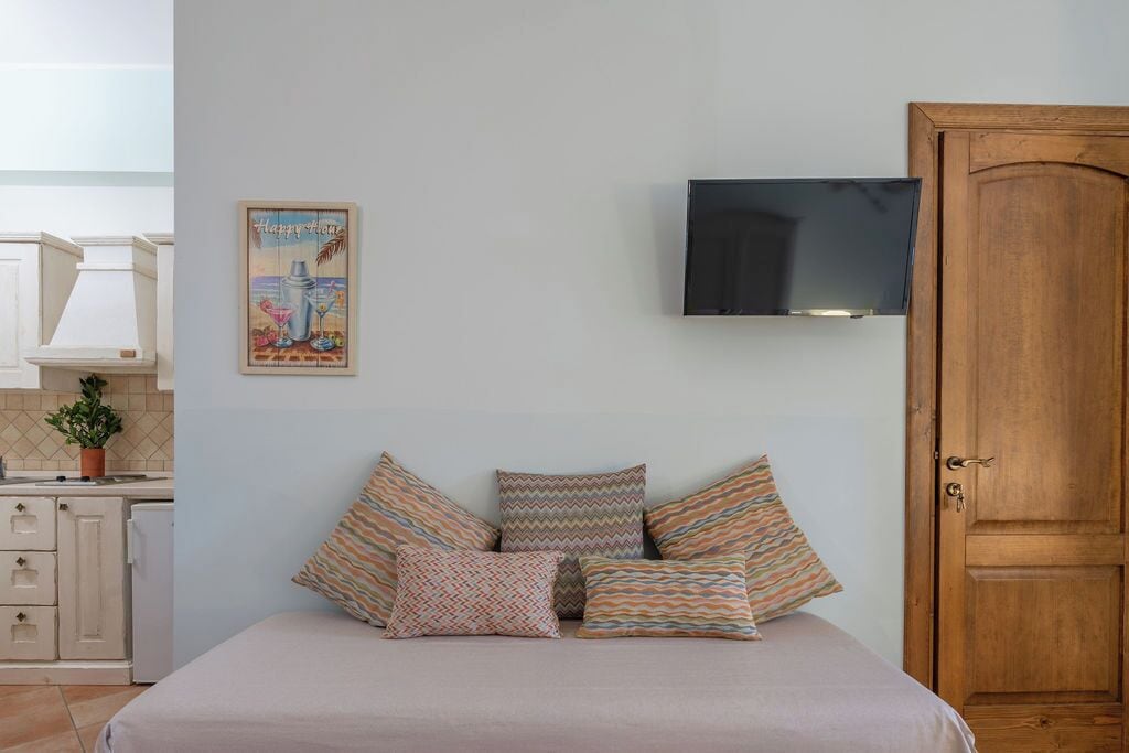 Un dormitori amb un llit, almoines, un televisor muntat a la paret, una porta de fusta i una zona de cuina amb armaris i una planta.