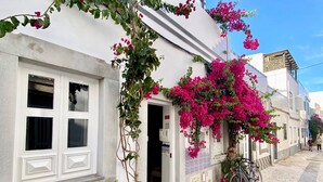 A narrow cobblestone street with white buildings, a bicycle parked outside, and pink bougainvillea vines. - Zenit Guest House (Olhao)