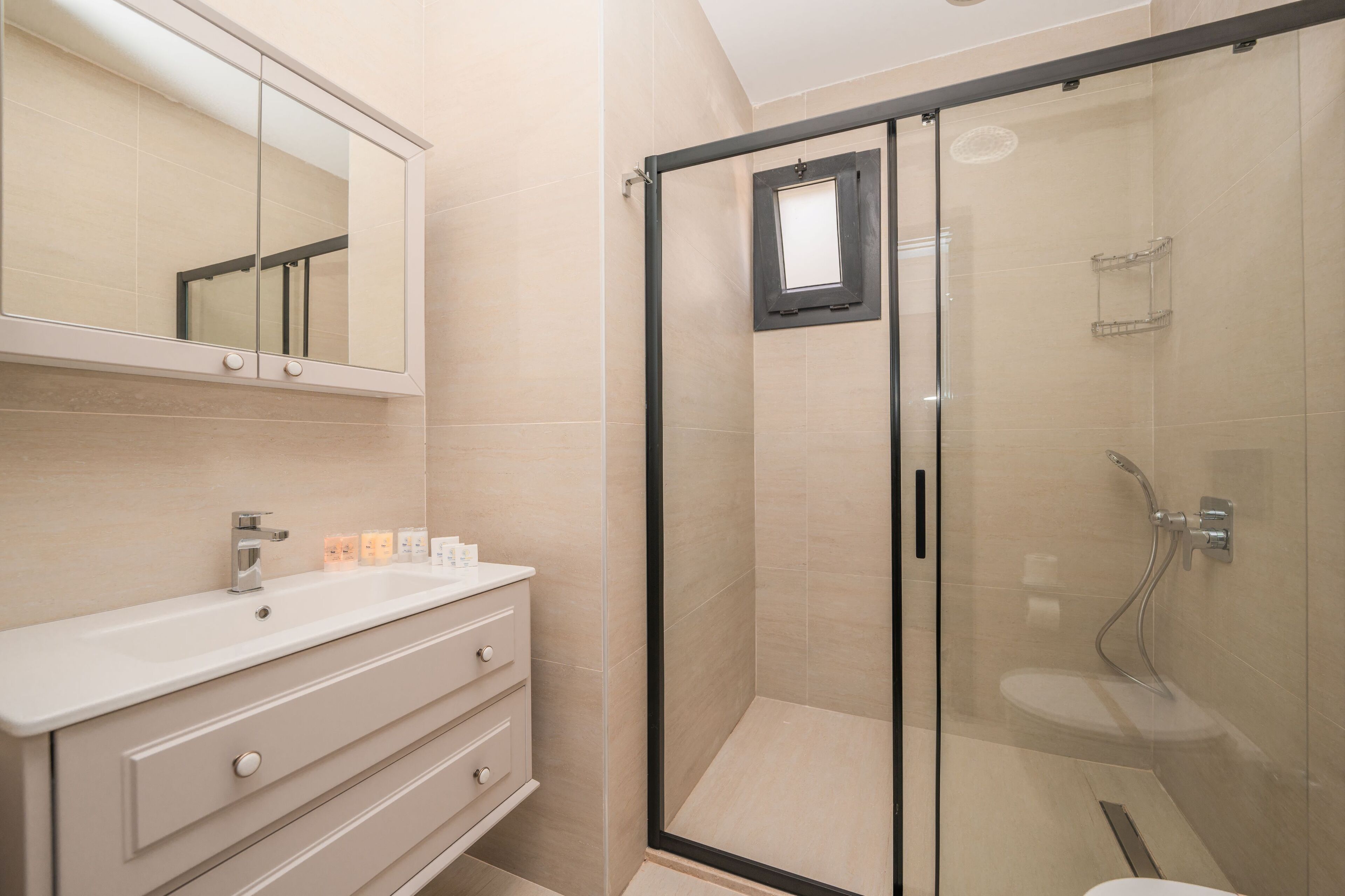 A modern bathroom with a glass-enclosed shower, a vanity with a mirror, and a toilet.