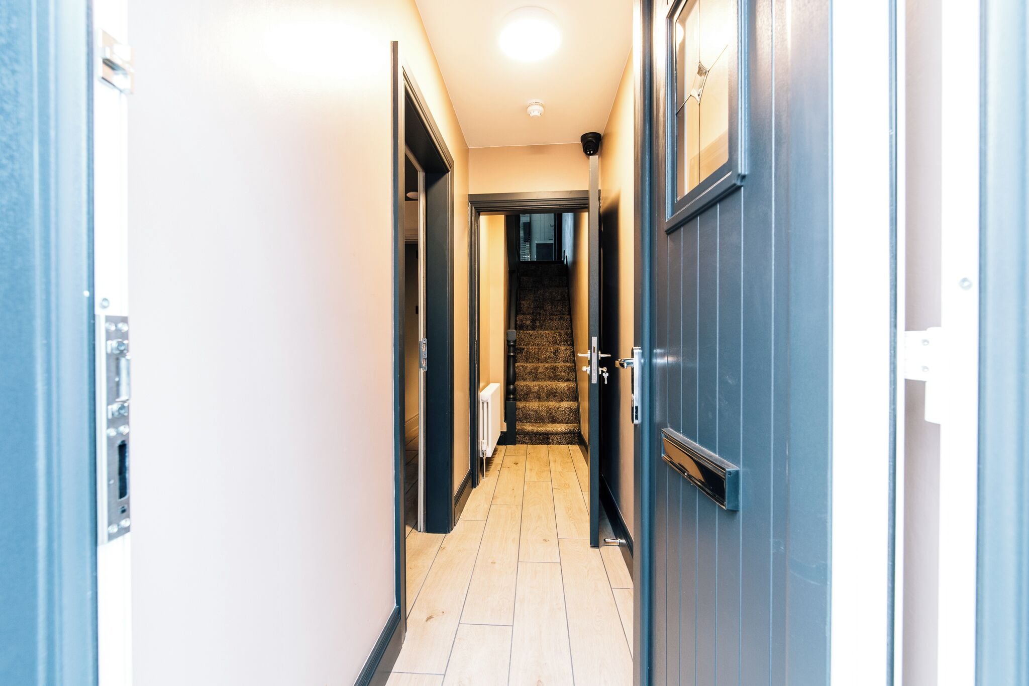 A narrow hallway with a carpeted staircase leading to an upper floor.