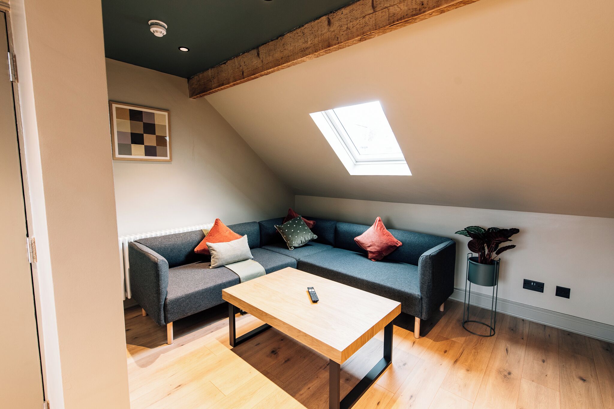 An attic room with a sloped ceiling, a skylight, a grey sectional sofa, a wooden coffee table, and a potted plant.
