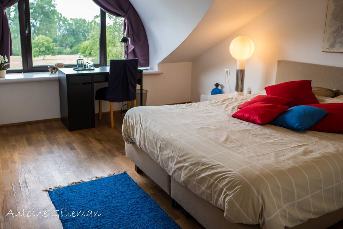 A bedroom with a bed, a desk, and a chair.