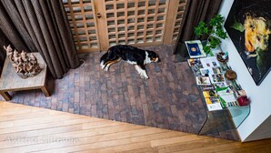 Um cão deitado sobre um chão de tijolos, uma porta de treliça de madeira, uma mesa com livros e um quadro na parede.