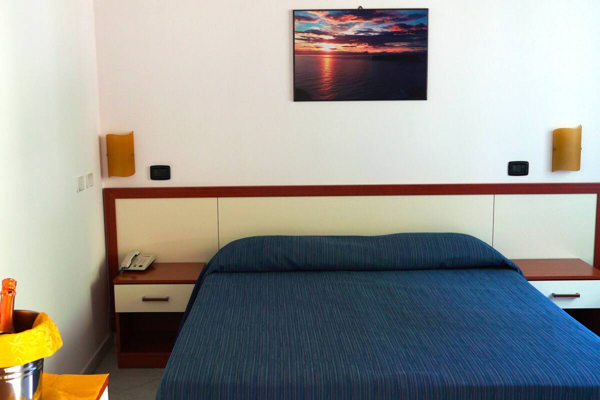 Habitación de hotel con cama, mesita de noche, teléfono, un cuadro en la pared y una planta pequeña.