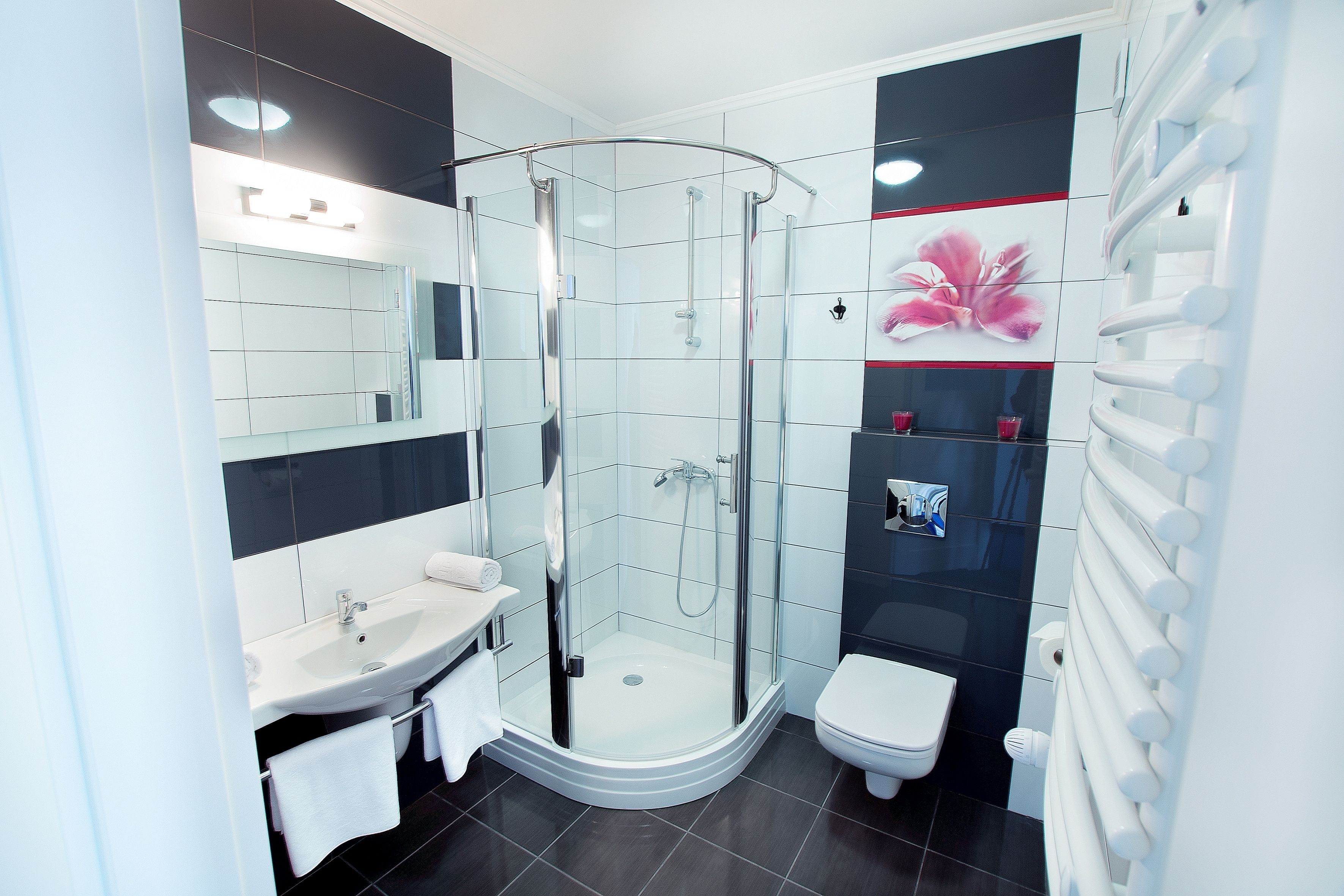 Shower, free toiletries, hair dryer, towels