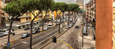 A city street lined with trees and buildings, including a prominent dome structure in the background.
