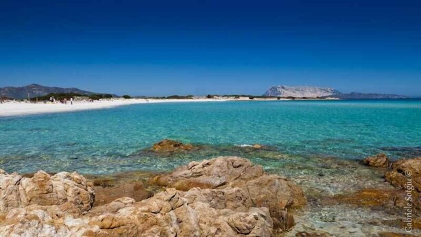 A clear coastal view with rocky foreground, a sandy beach, and a distant mountain. - The Old Farm Asfodeli - Adults Only (Loiri Porto San Paolo)
