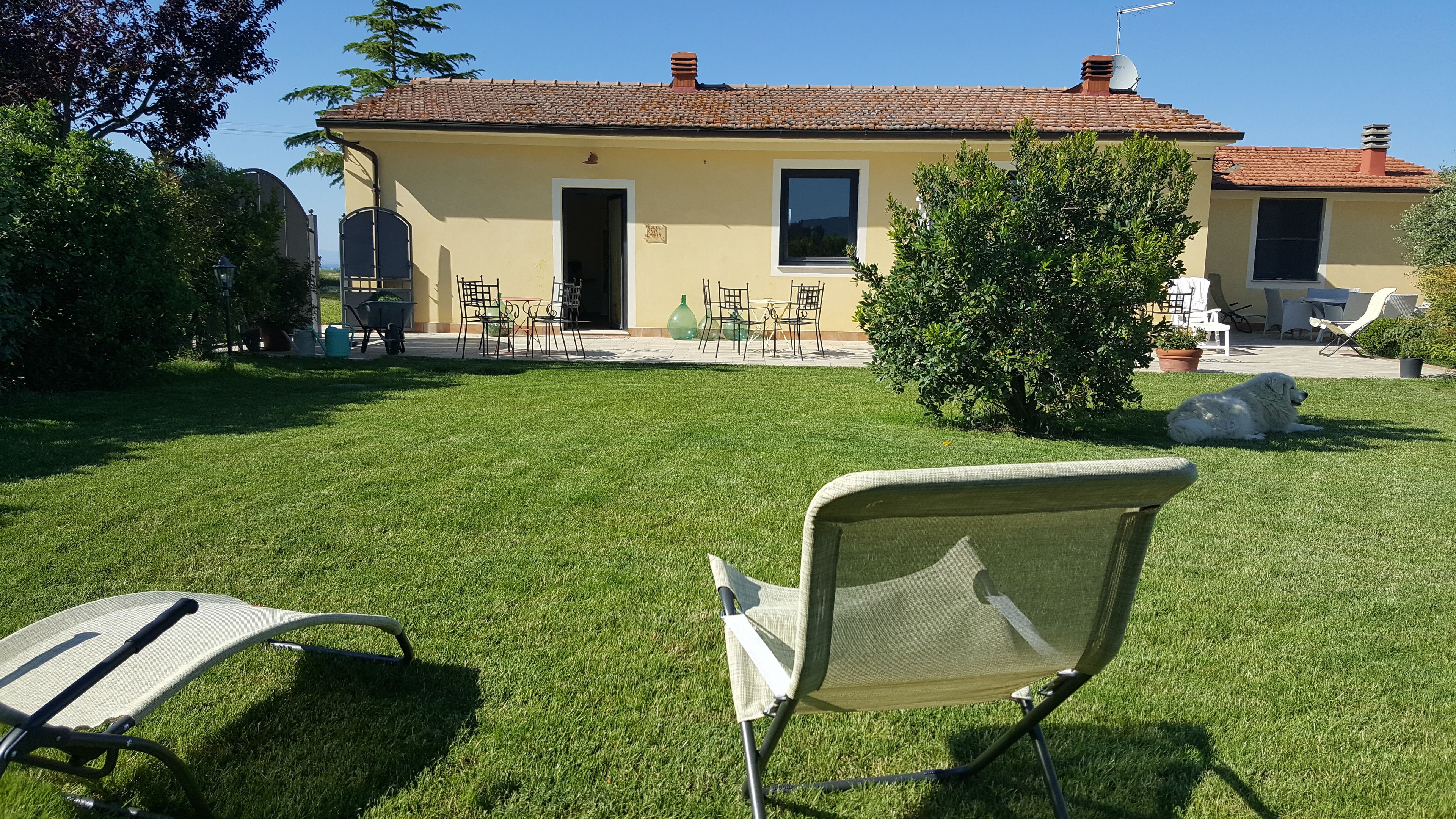 Ein gelbes Haus mit Ziegeldach, eine kleine Terrasse mit Stühlen und Tisch sowie ein Rasen mit einem Sessel und einem Hund.