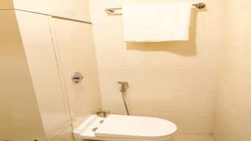 Shower, free toiletries, towels, soap