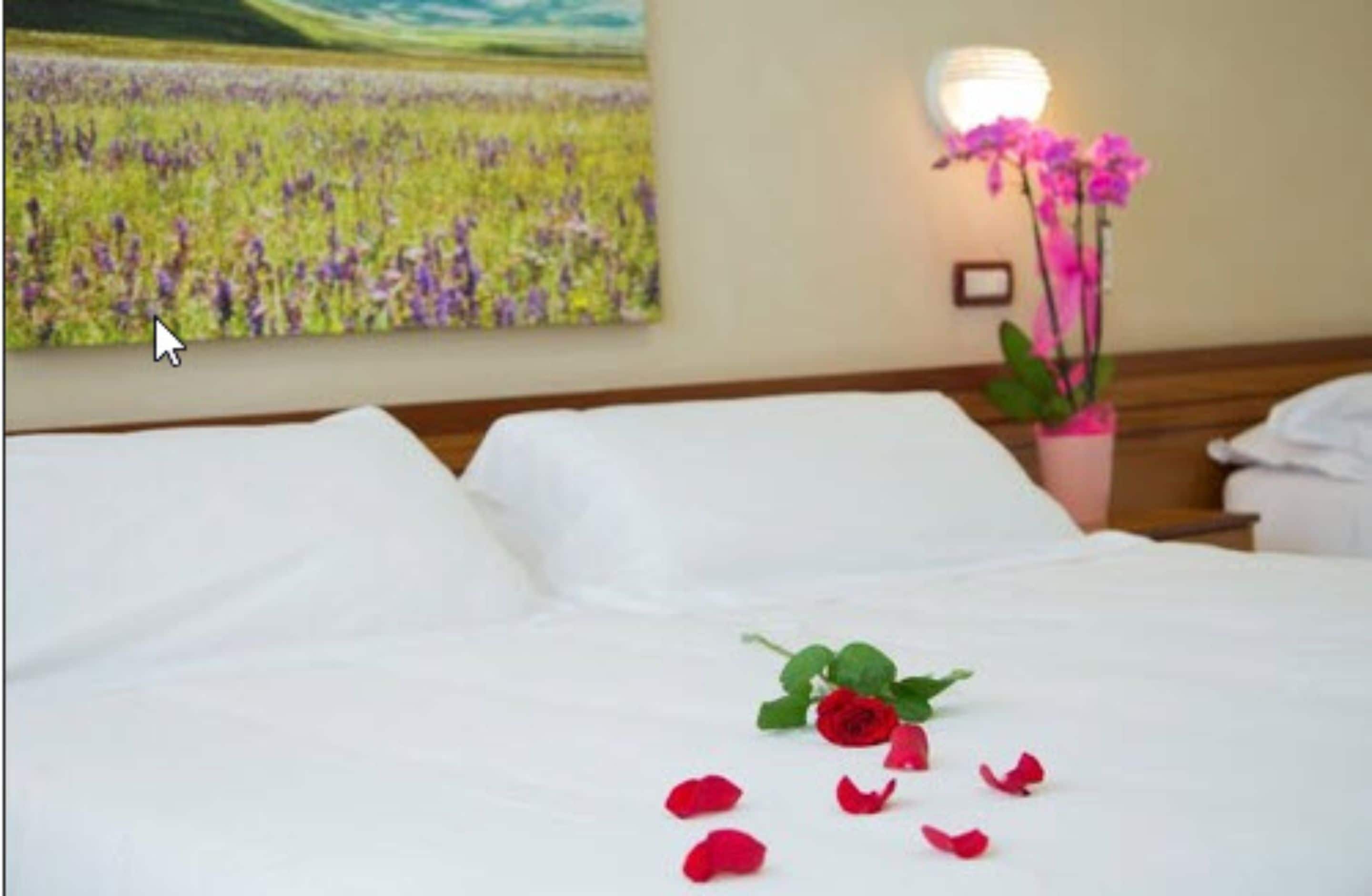 A hotel room with a bed, a wall-mounted lamp, and a painting of a field.