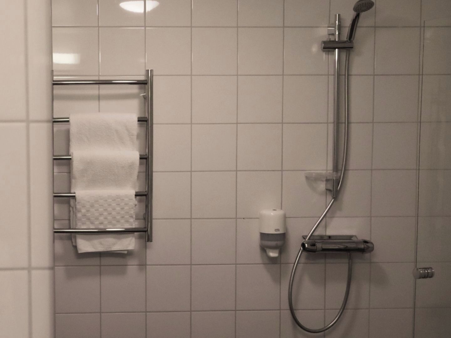 Un bany amb una barra de tovalloles on hi ha una tovallola doblegada, un vàlvula de dutxa manual i un dosificador de sabó a la paret.