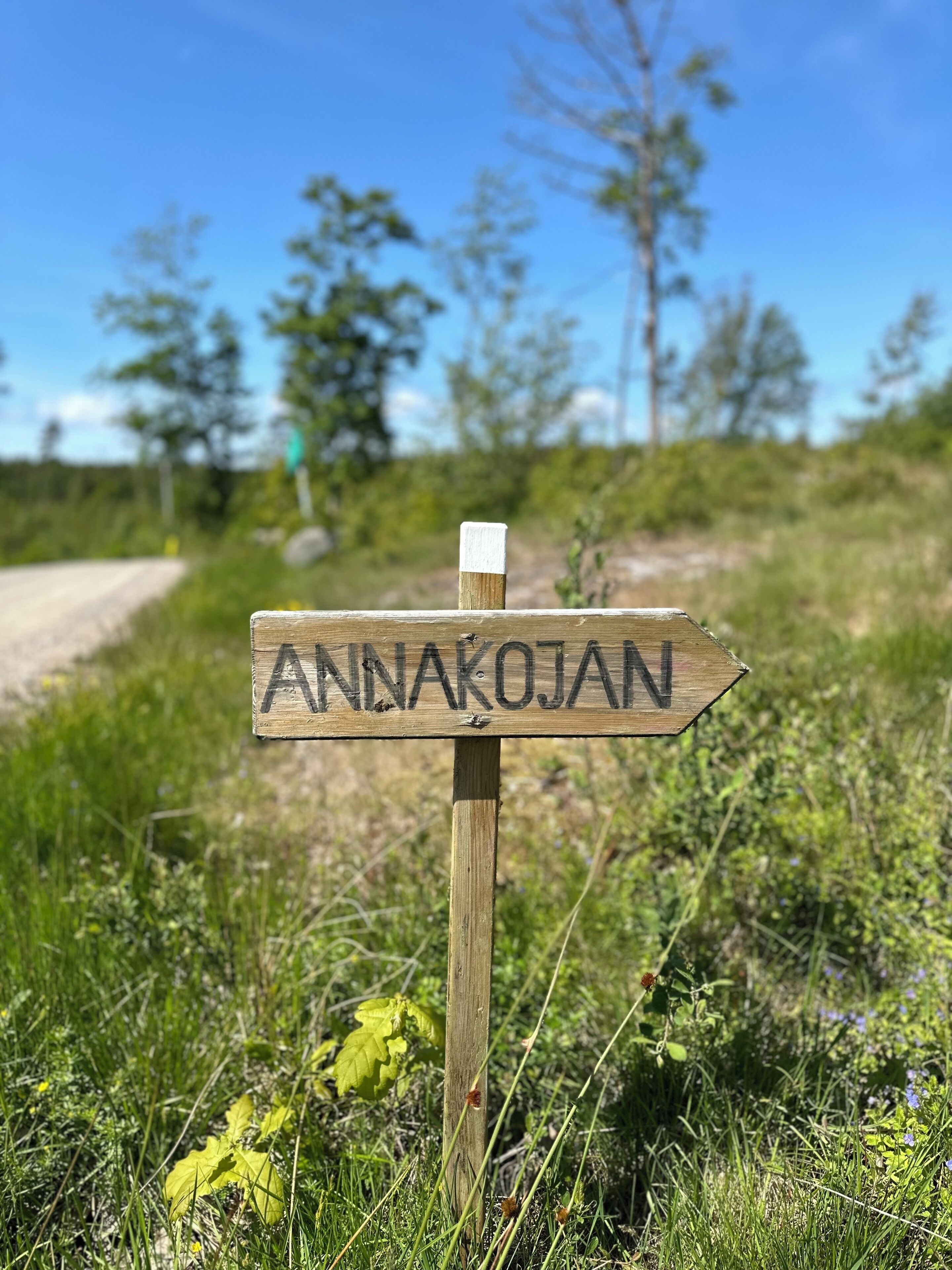 Een houten bord met de naam 'ANNAKOJAN' erop, wijzend naar rechts.