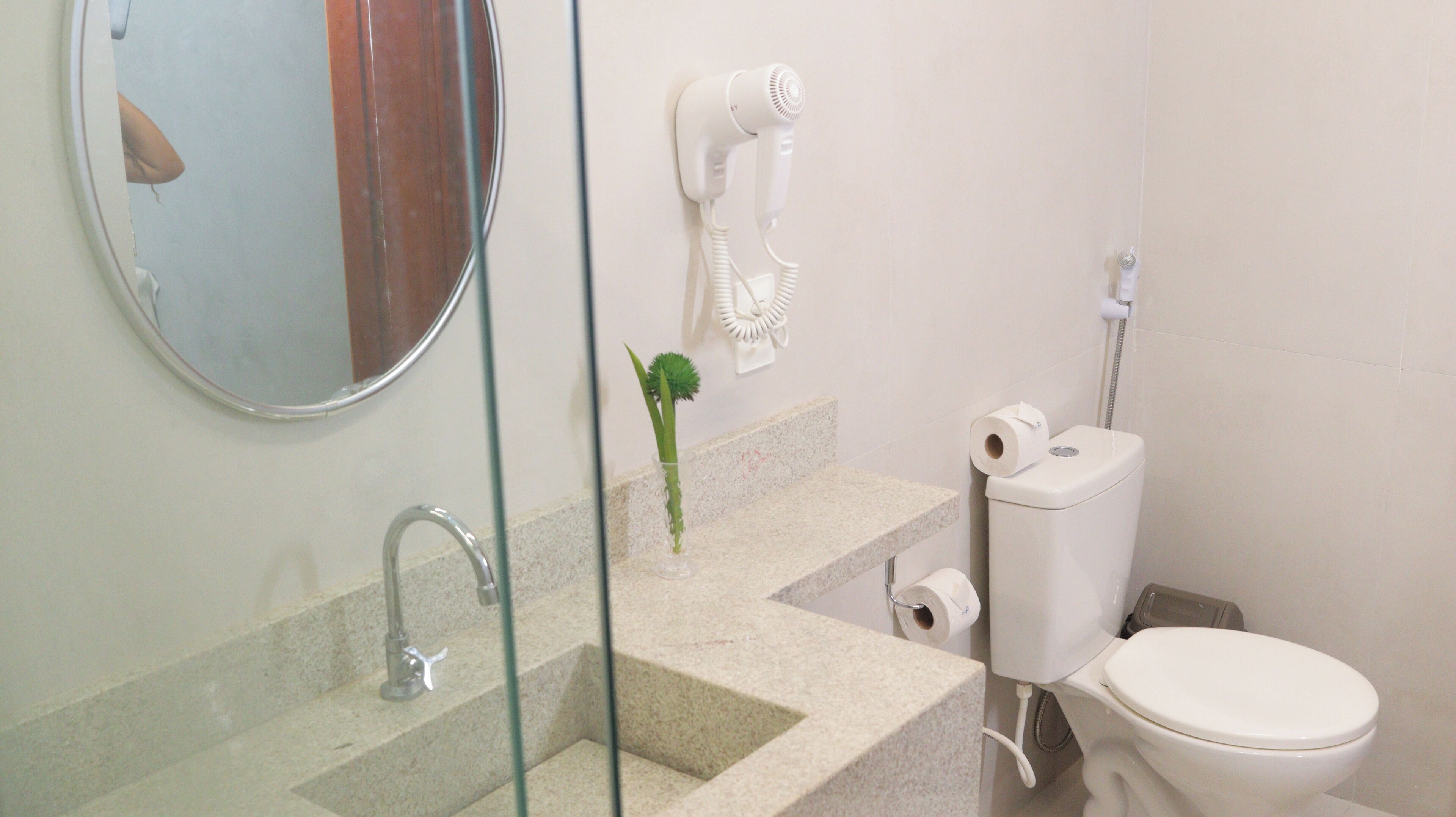 A bathroom with a sink, mirror, toilet, and hairdryer on the wall.