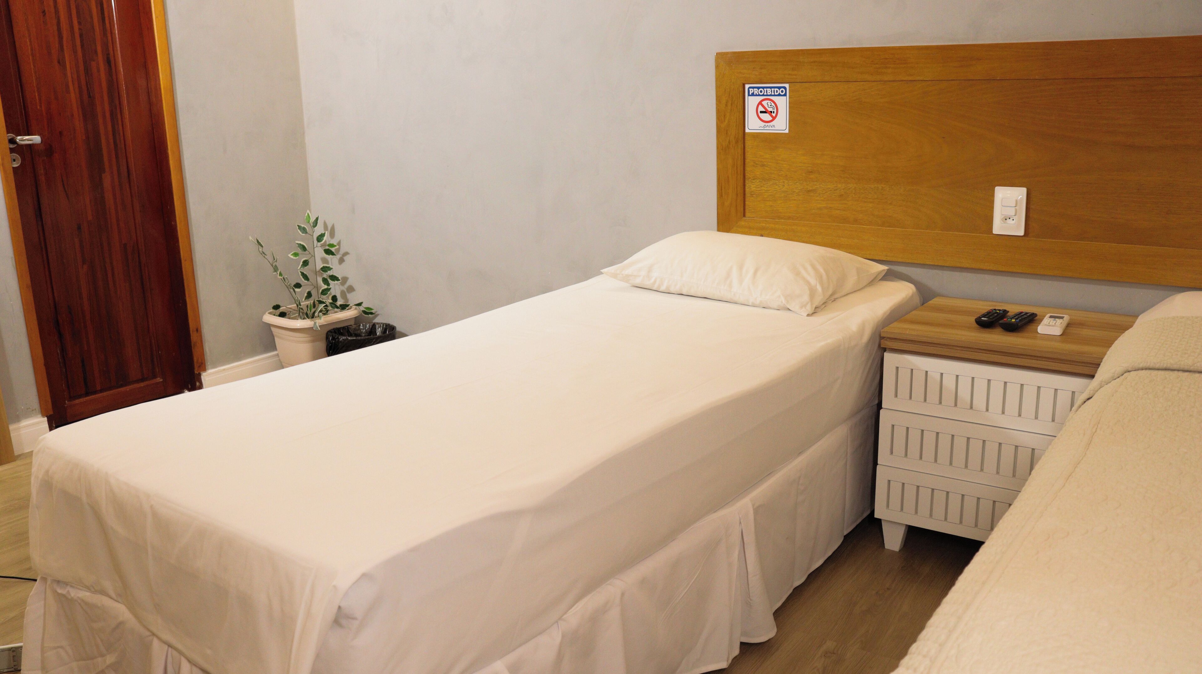 A single bed with a wooden headboard, a bedside table with a phone and remote controls, and a small potted plant.