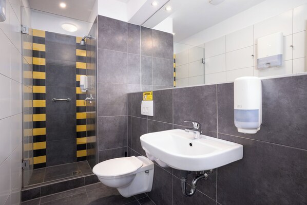 A modern bathroom with a glass shower enclosure, a white sink, and a toilet.