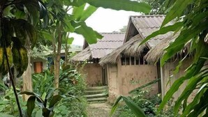 A rustic house with a thatched roof, surrounded by lush greenery and a dirt path leading to the entrance. - Hill Tribe Art House (Chiang Rai)