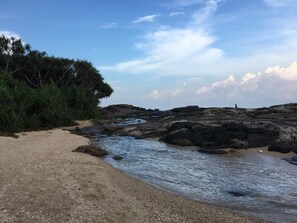 Una playa rocosa con cielo despejado y vegetación escasa.