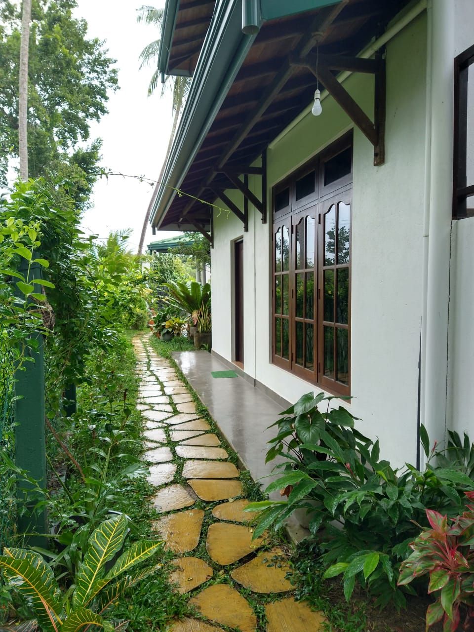 A pathway leading to a building with a green roof and a window with a brown frame.