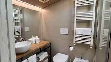Une salle de bain moderne dotée d’un puits de lumière, d’un grand lavabo, d’un bidet et d’une douche à parois de verre.