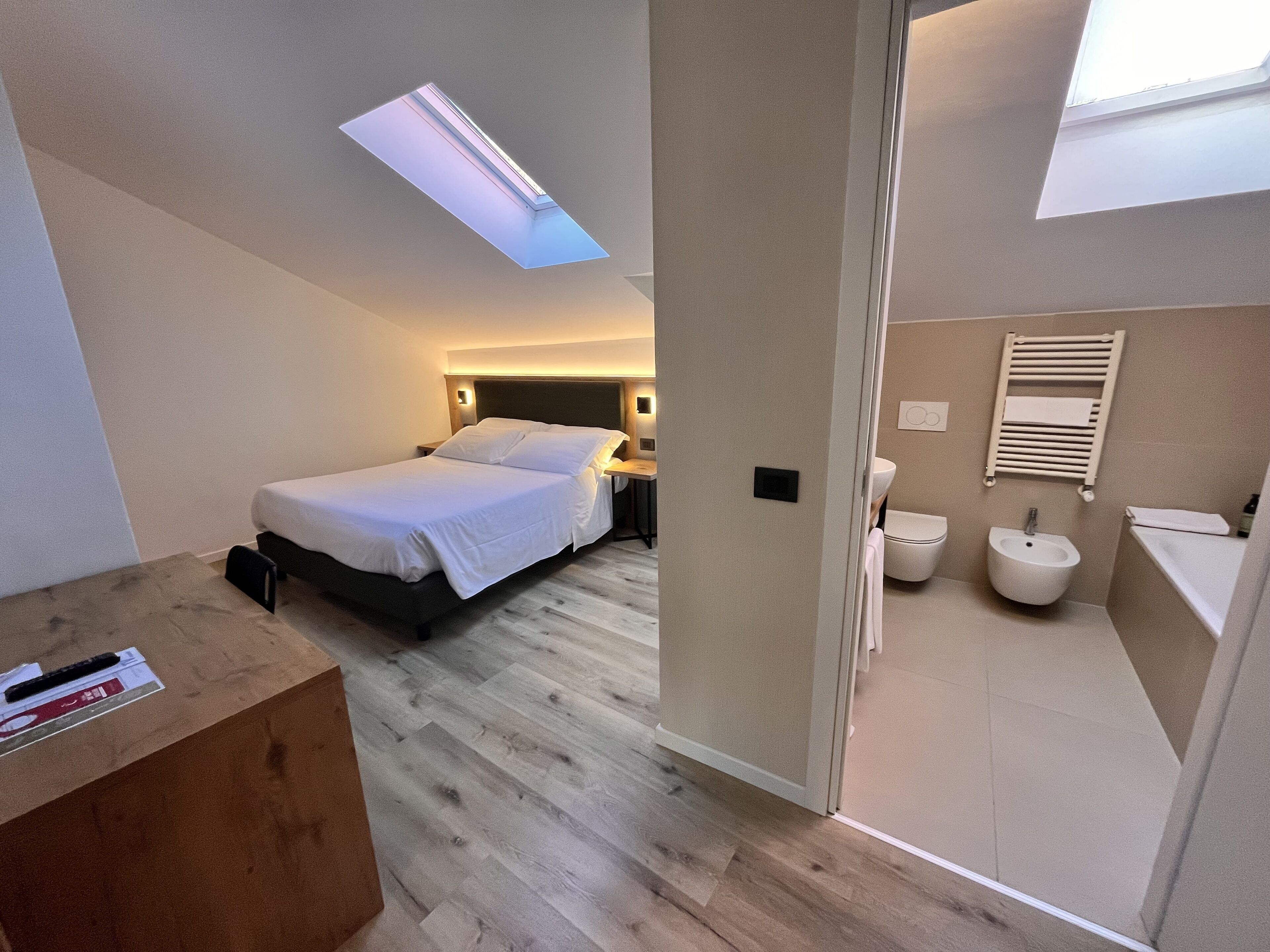 A modern bedroom with a skylight, a separate bathroom with a bidet, and a wooden floor.