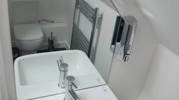 A white bathroom with a sink, a toilet, and a mirror.