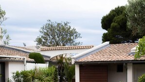 Un chemin menant à une maison avec un toit en tuiles et une porte de garage en bois.