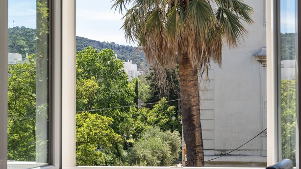 A room with a large window, a chair, and a view of a palm tree and greenery outside. - UNIQUE & URBAN 4* House DelMarco apt @ TOP CENTRAL LOCATION (Split)