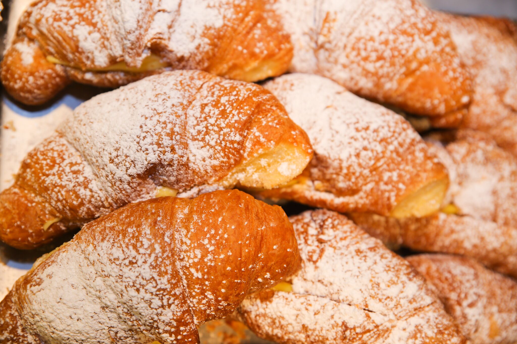 A close-up of several pastries dusted with powdered sugar.