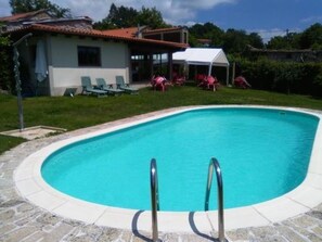 Seasonal outdoor pool, pool umbrellas, pool loungers