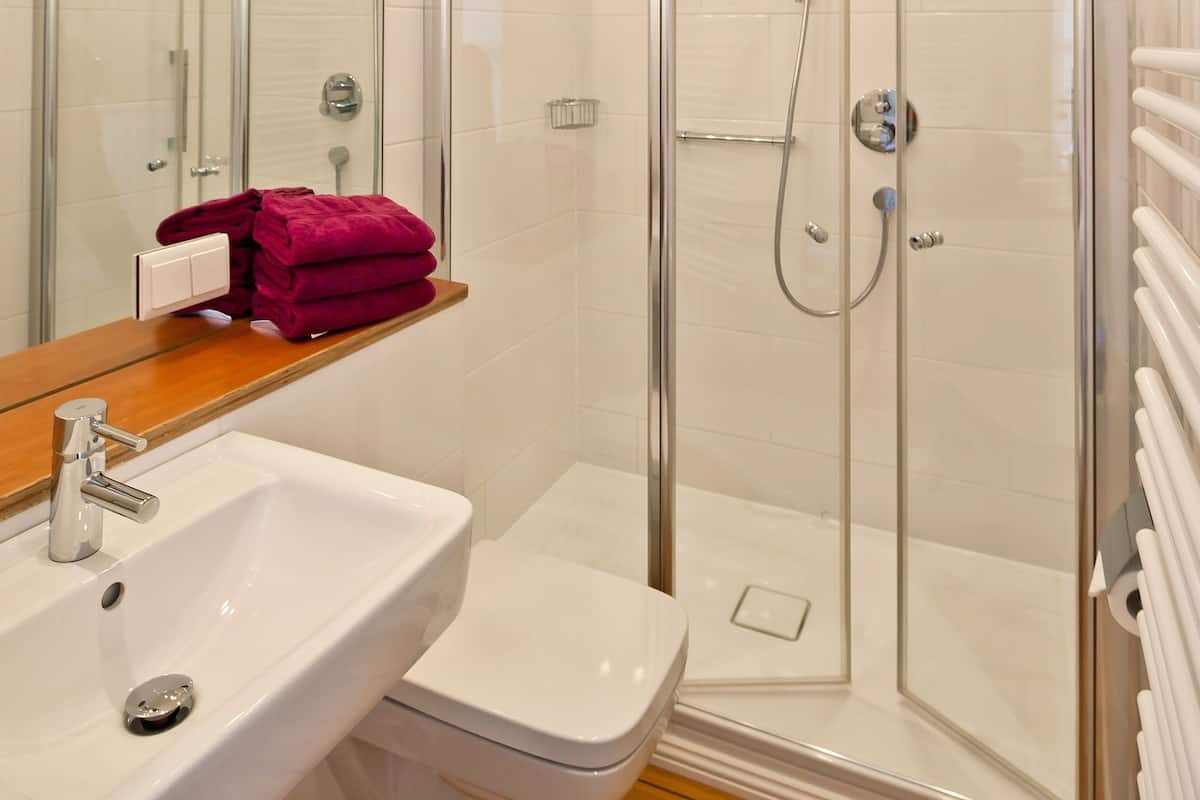 Shower, free toiletries, hair dryer, towels