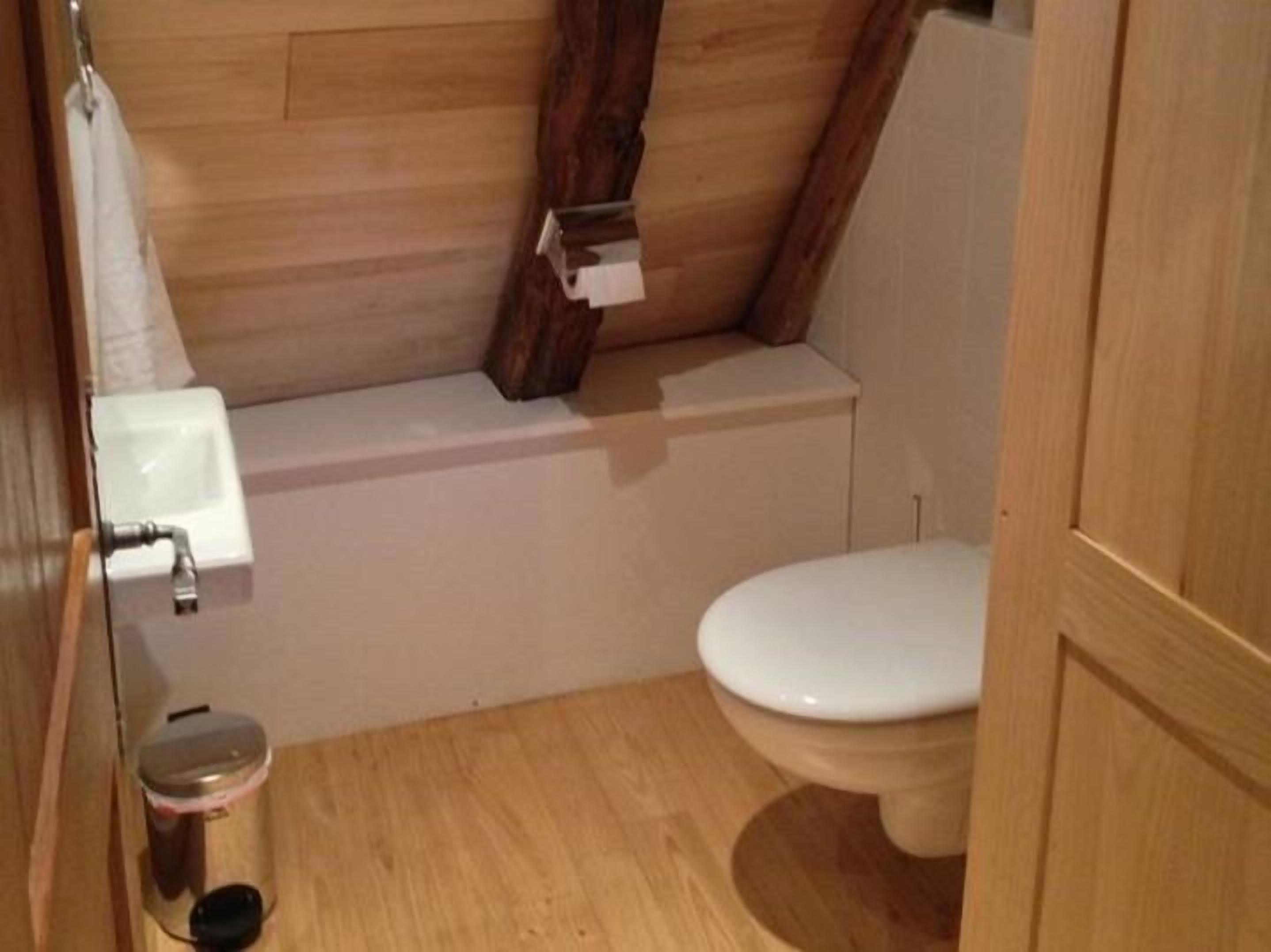 Une petite salle de bain compacte, avec un meuble-lavabo en bois, un lavabo blanc et des toilettes.