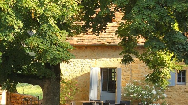 Un edificio de piedra con un gran árbol en primer plano, zona de estar al aire libre con sillas y mesas, y una pequeña ventana con contraventanas.