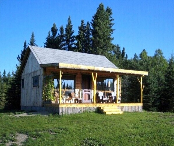 Relax on the porch with a gabled roof, surrounded by dense trees.