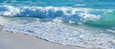 On the beach, sun loungers