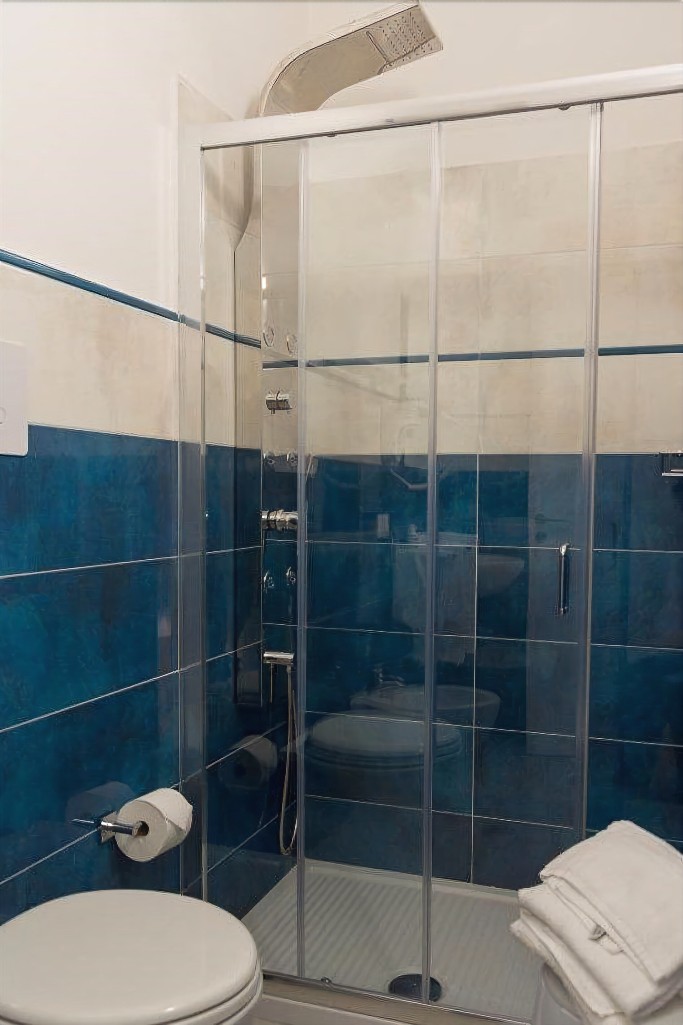 Eine Duschkabine mit Toilette und Handtuchhalter.