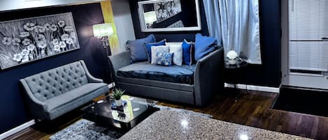 Smart TV, fireplace, DVD player, books