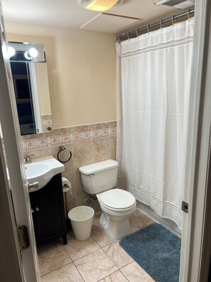 Duschwanne, Haartrockner, Handtücher, Seife