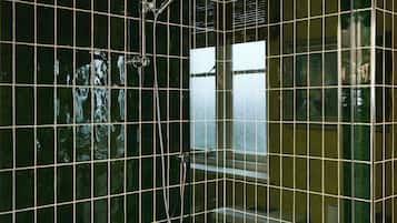 Une salle de bain avec des carreaux vert foncé, une douche en verre et un porte-rouleau de papier toilette visible.
