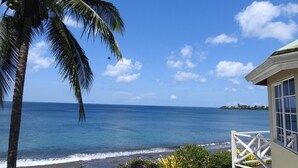 A coastal view with a clear sky, a palm tree, and a building with a balcony overlooking the ocean.