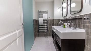 A modern bathroom with a double sink, a glass shower enclosure, and a large mirror above the sink.