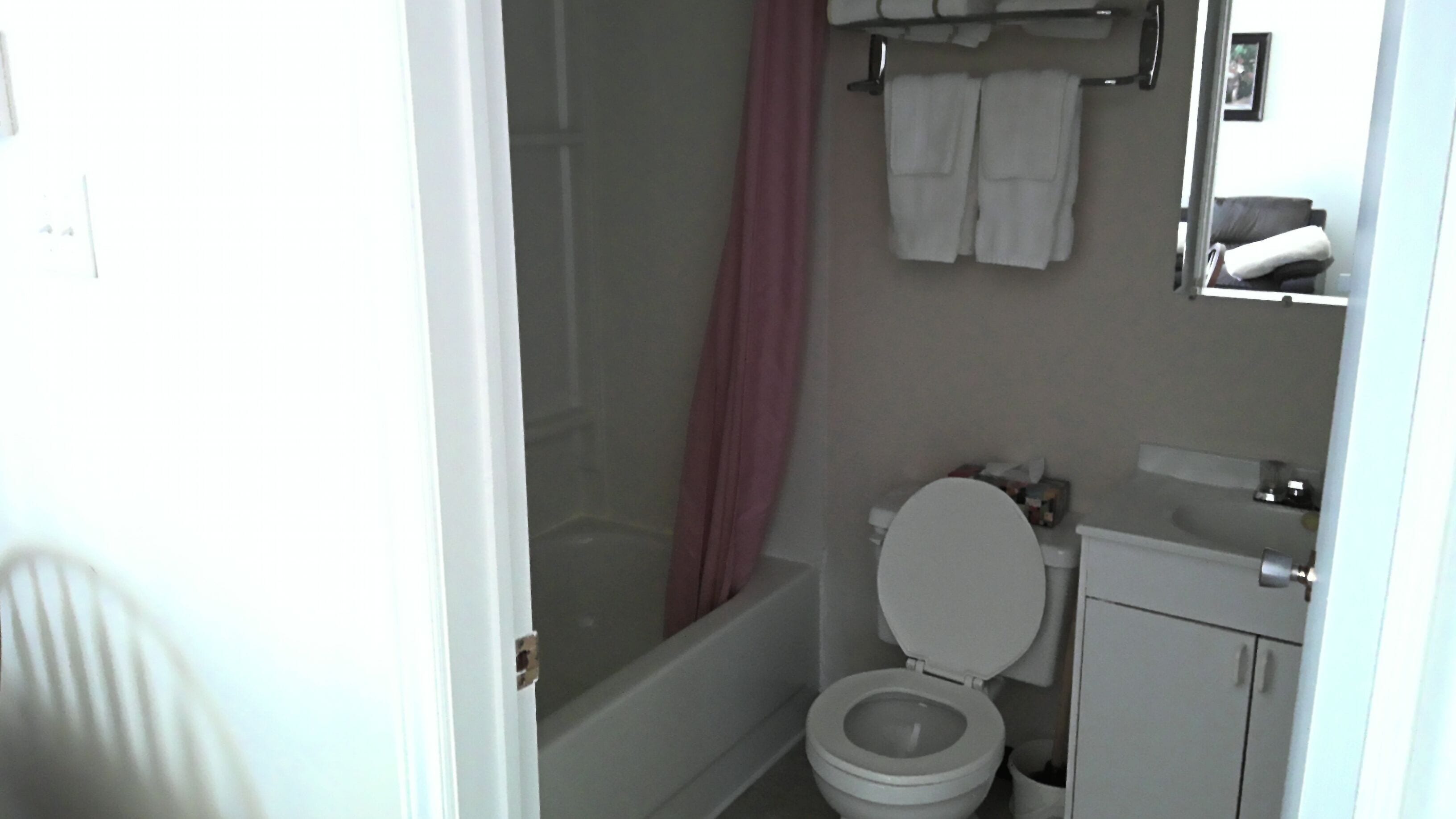 Combined shower/bathtub, hair dryer, towels