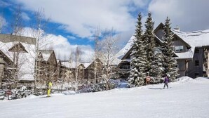 Ein mit Schnee bedecktes Chalet mit mehreren Gebäuden, einschließlich eines großen Baumes im Vordergrund.