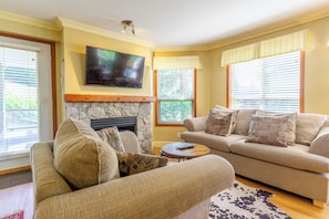 TV, fireplace, DVD player, books