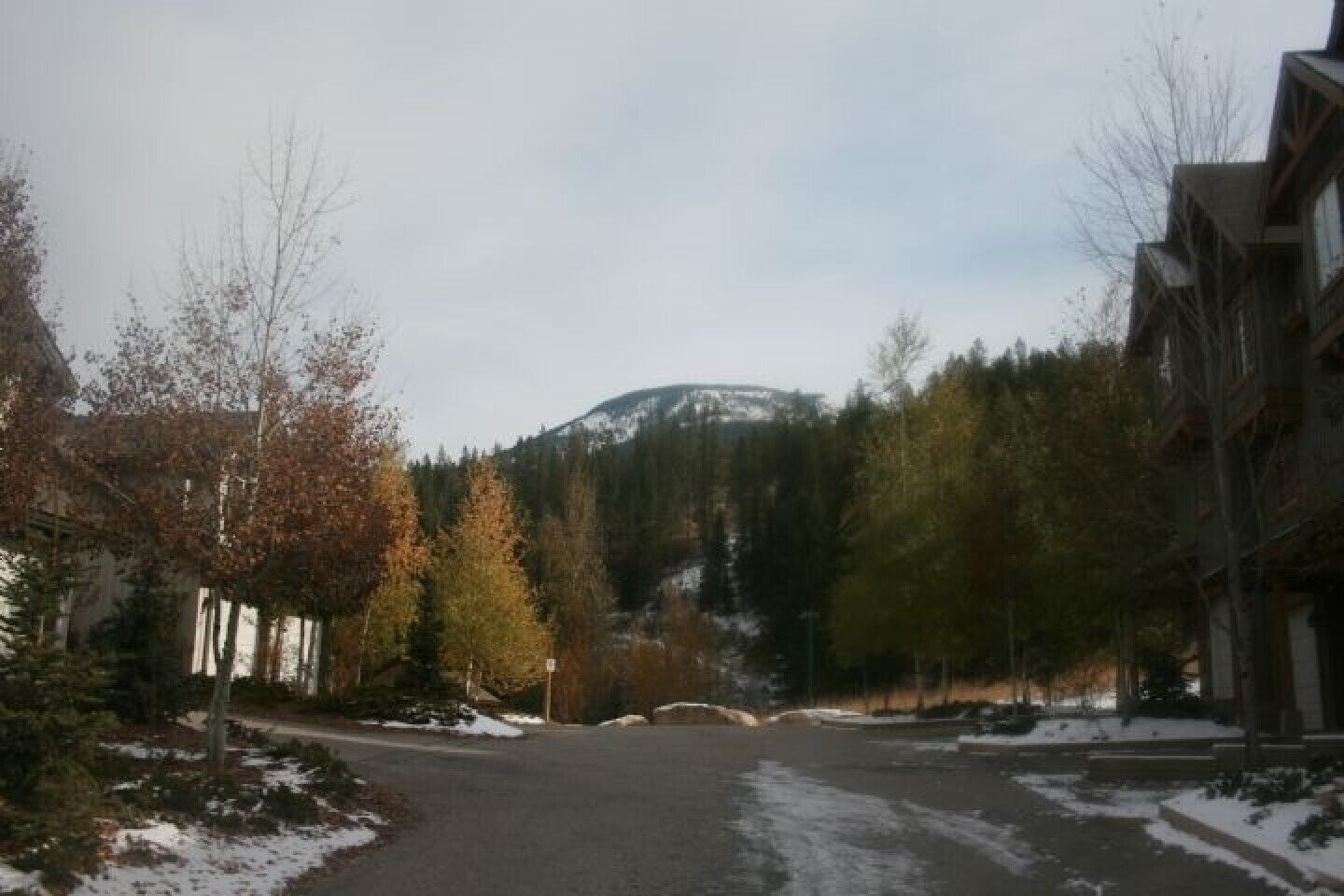 A residential street with houses on both sides, a mountain in the background, and a snow-covered ground.