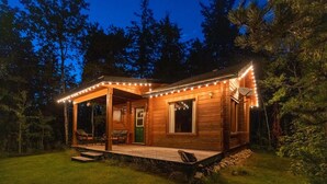 Una cabaña de madera con porche, puerta verde y luces colgantes.