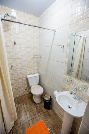 Shower, free toiletries, hair dryer, towels